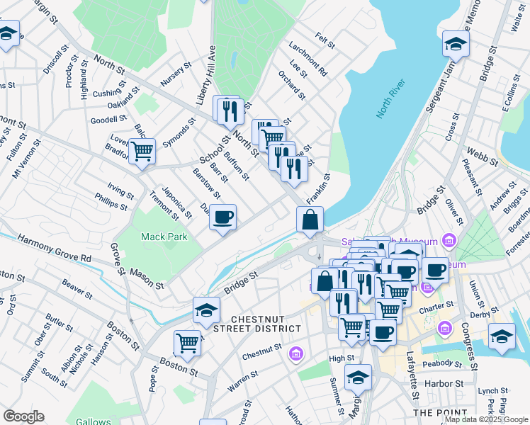 map of restaurants, bars, coffee shops, grocery stores, and more near 21 Mason Street in Salem