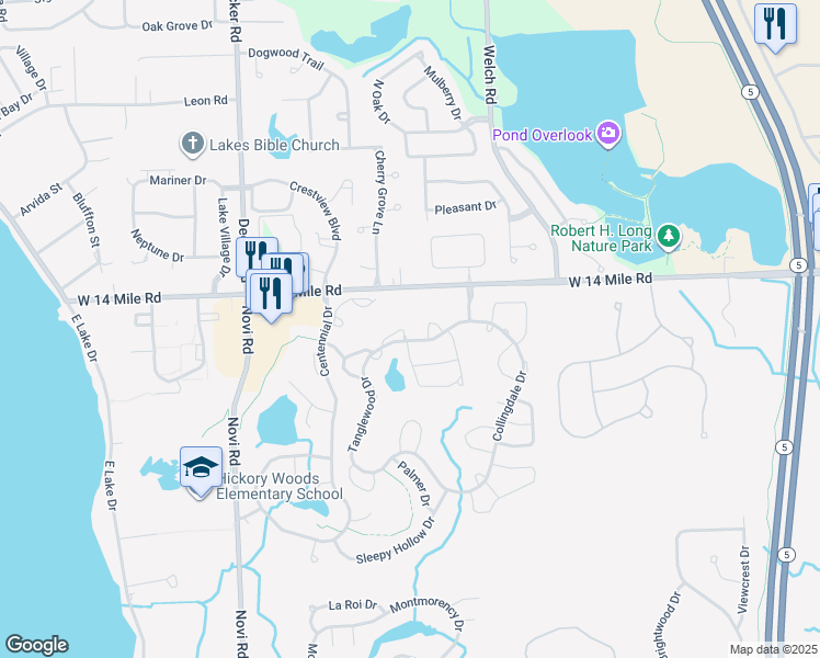 map of restaurants, bars, coffee shops, grocery stores, and more near 31147 Rolling Grove Drive in Novi