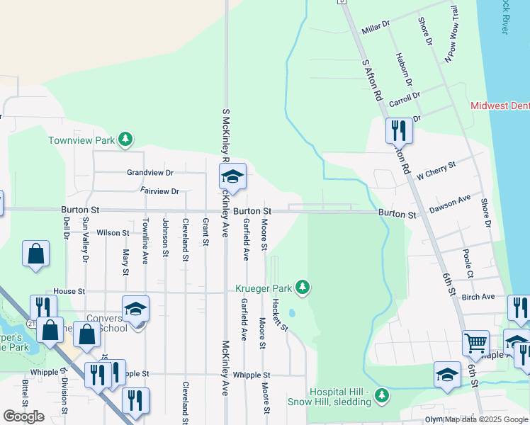 map of restaurants, bars, coffee shops, grocery stores, and more near Moore St & Burton St in Beloit