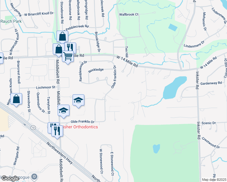 map of restaurants, bars, coffee shops, grocery stores, and more near 32362 Olde Franklin Drive in Farmington Hills