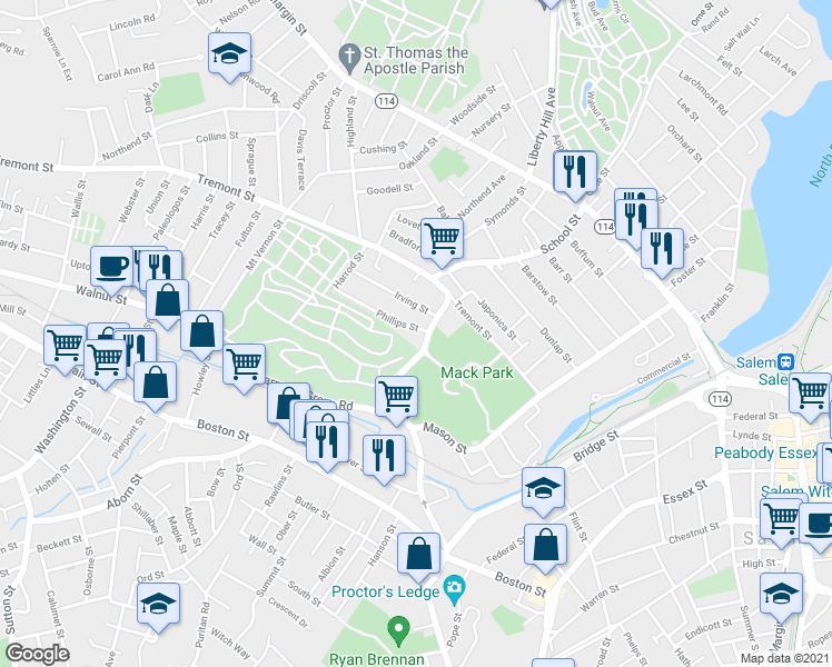 map of restaurants, bars, coffee shops, grocery stores, and more near 7 Phillips Street in Salem