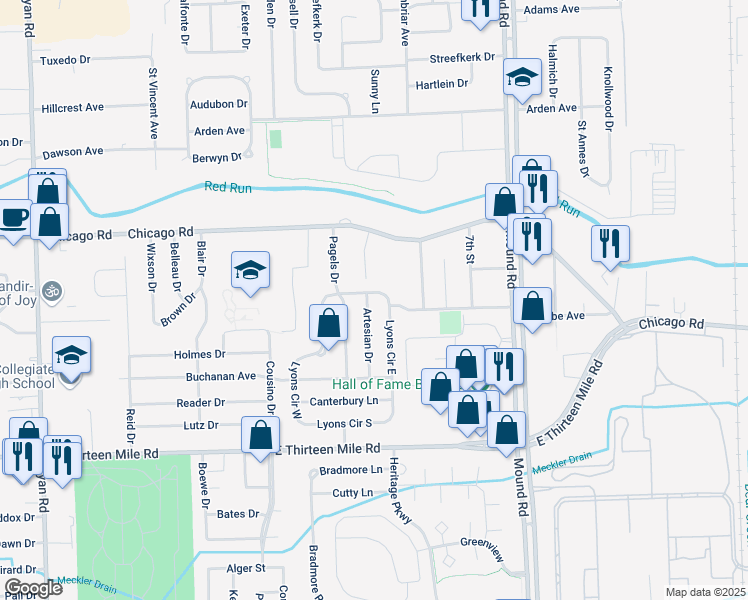map of restaurants, bars, coffee shops, grocery stores, and more near 31449 Lyons Circle North in Warren