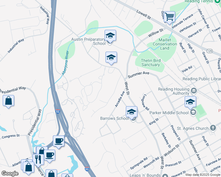 map of restaurants, bars, coffee shops, grocery stores, and more near 43 Longwood Road in Reading