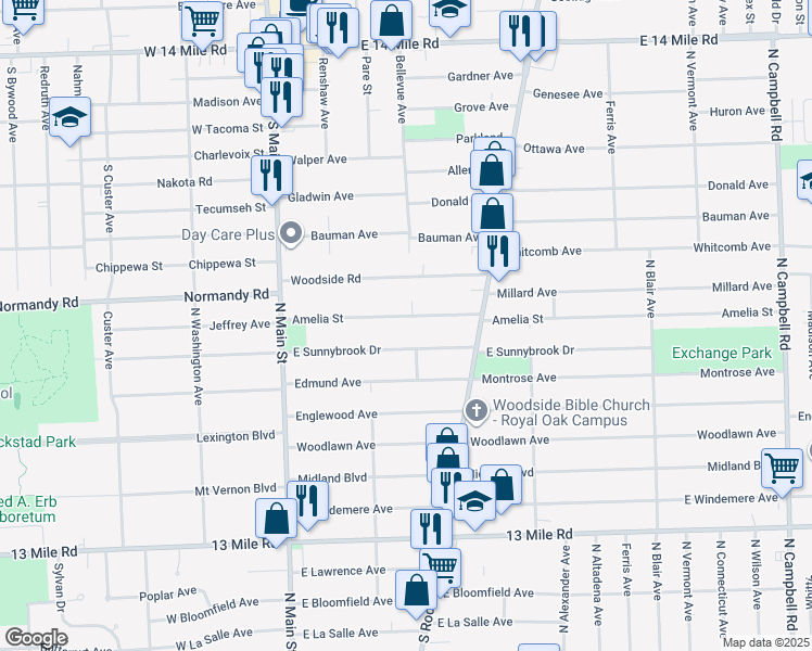 map of restaurants, bars, coffee shops, grocery stores, and more near 403 East Sunnybrook Drive in Royal Oak