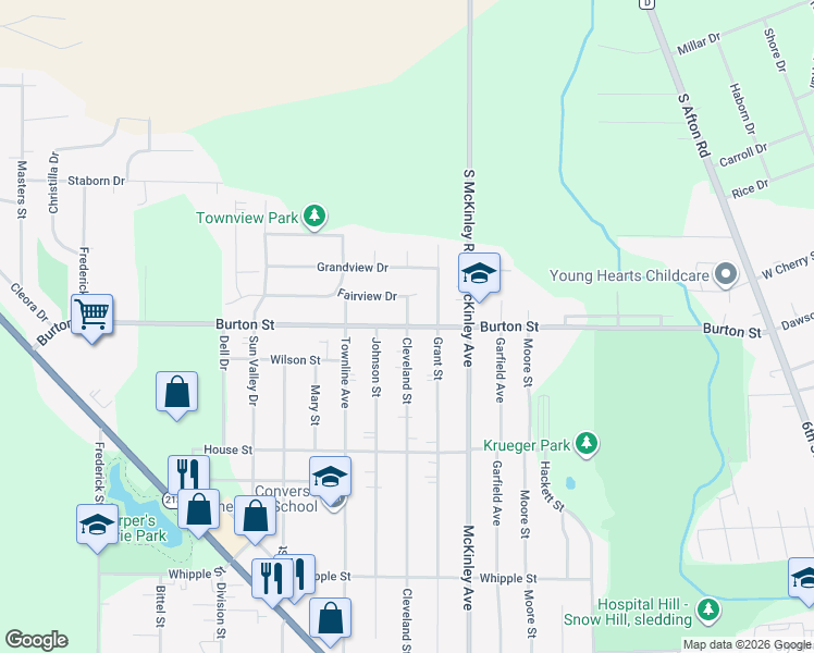 map of restaurants, bars, coffee shops, grocery stores, and more near 1700 Burton Street in Beloit