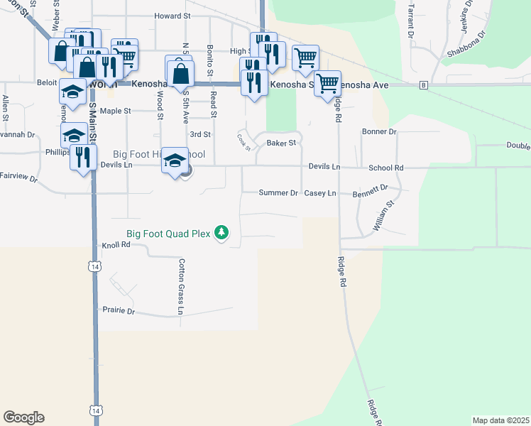 map of restaurants, bars, coffee shops, grocery stores, and more near 545 Winter Drive in Walworth