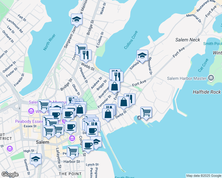 map of restaurants, bars, coffee shops, grocery stores, and more near 41 Forrester Street in Salem