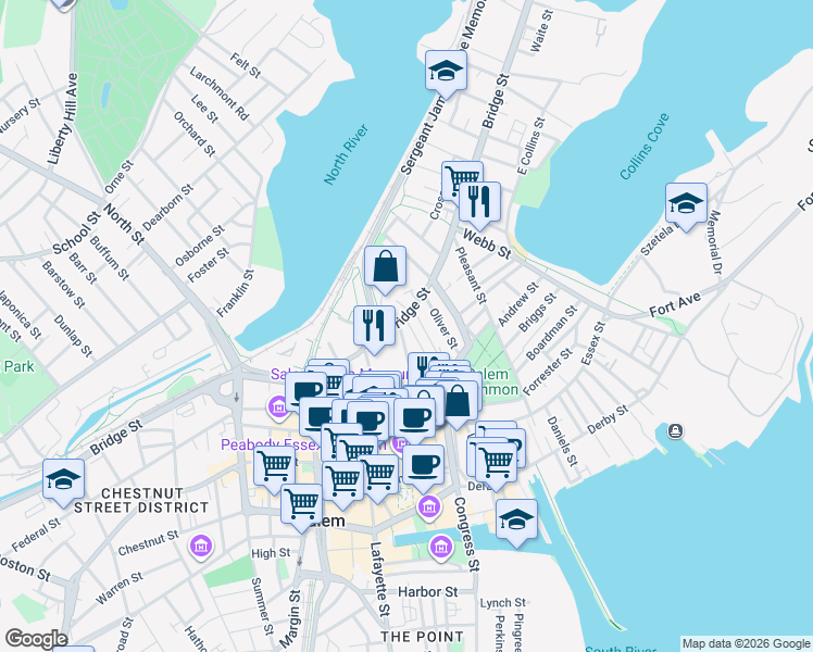 map of restaurants, bars, coffee shops, grocery stores, and more near 18 Williams Street in Salem