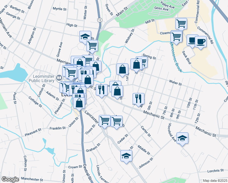 map of restaurants, bars, coffee shops, grocery stores, and more near 134 Mechanic Street in Leominster