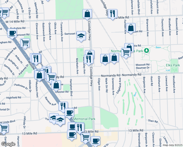 map of restaurants, bars, coffee shops, grocery stores, and more near 4124 Coolidge Highway in Royal Oak