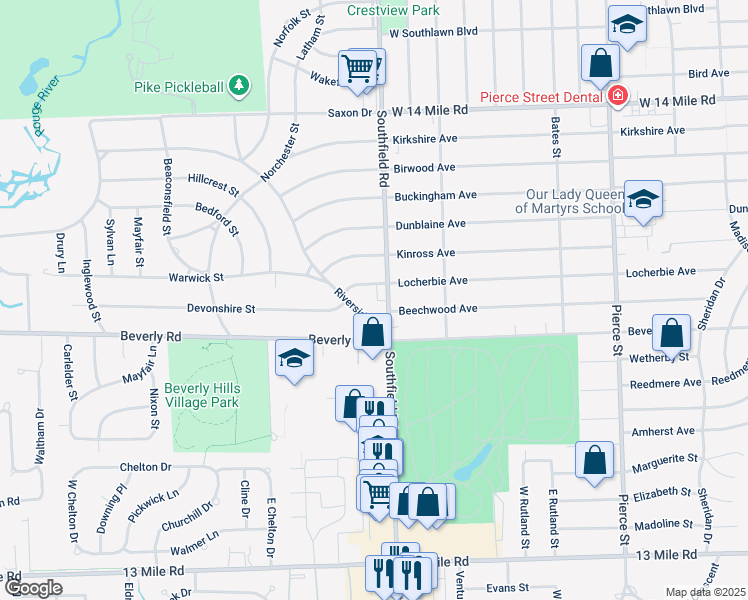 map of restaurants, bars, coffee shops, grocery stores, and more near 18110 Riverside Drive in Beverly Hills