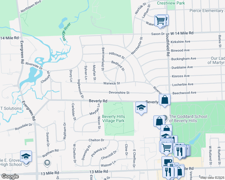 map of restaurants, bars, coffee shops, grocery stores, and more near 18851 Devonshire Street in Beverly Hills