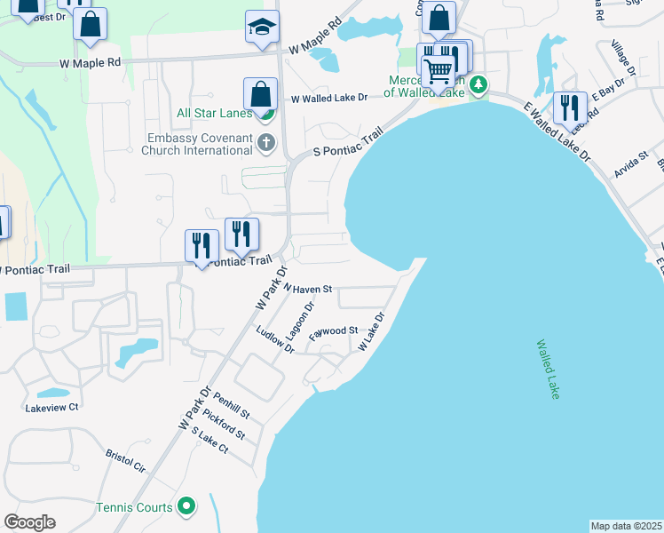 map of restaurants, bars, coffee shops, grocery stores, and more near 210 North Haven Street in Novi