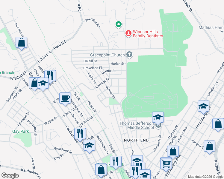 map of restaurants, bars, coffee shops, grocery stores, and more near 2738 Burden Street in Dubuque