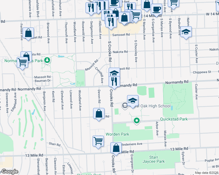 map of restaurants, bars, coffee shops, grocery stores, and more near 1705 Normandy Road in Royal Oak