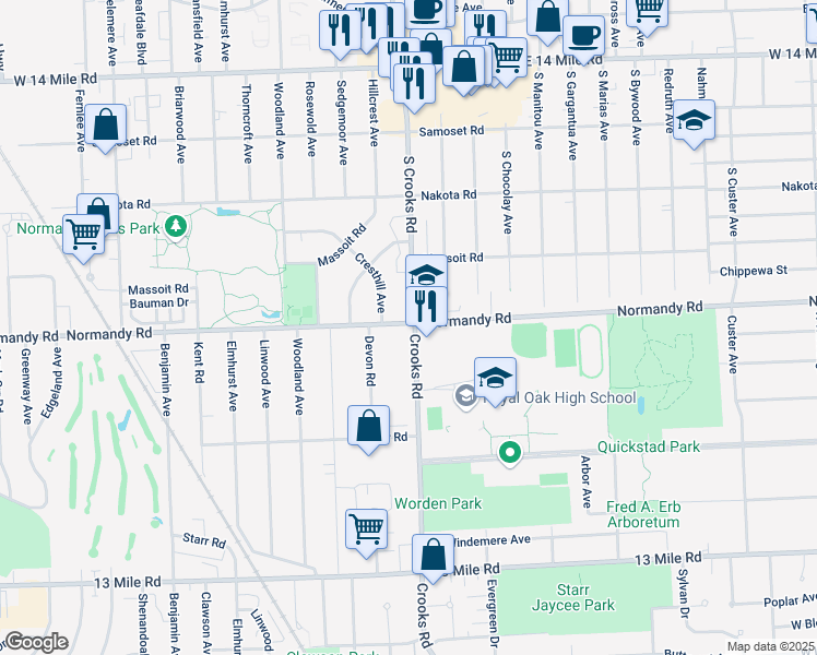 map of restaurants, bars, coffee shops, grocery stores, and more near 1705 Normandy Road in Royal Oak