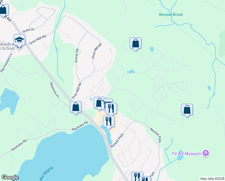 map of restaurants, bars, coffee shops, grocery stores, and more near 84 Nagog Park in Acton