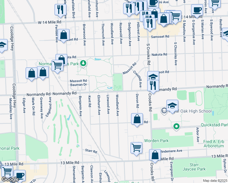 map of restaurants, bars, coffee shops, grocery stores, and more near 2098 Normandy Road in Royal Oak