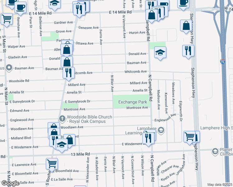 map of restaurants, bars, coffee shops, grocery stores, and more near 1302 Amelia Street in Royal Oak