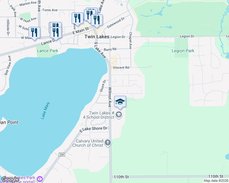 map of restaurants, bars, coffee shops, grocery stores, and more near 627 Hickory Road in Twin Lakes