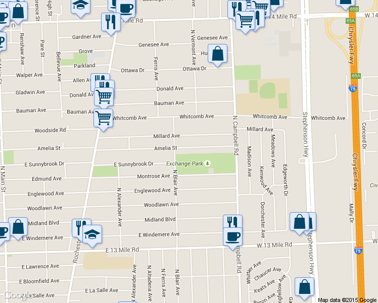 map of restaurants, bars, coffee shops, grocery stores, and more near 1302 Amelia Street in Royal Oak