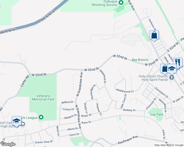 map of restaurants, bars, coffee shops, grocery stores, and more near 1110 West 32nd Street in Dubuque