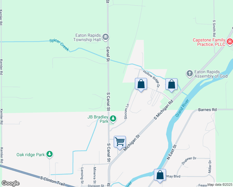 map of restaurants, bars, coffee shops, grocery stores, and more near 2905 South Canal Road in Eaton Rapids