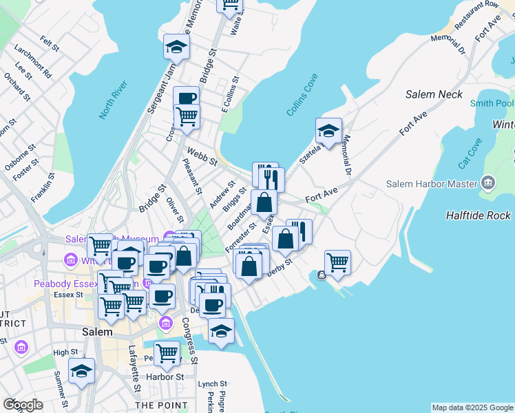 map of restaurants, bars, coffee shops, grocery stores, and more near 41 Forrester Street in Salem