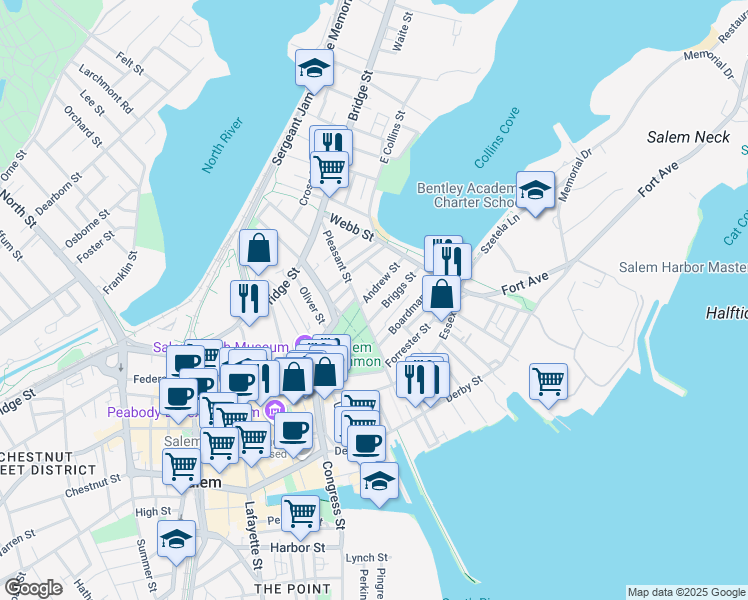 map of restaurants, bars, coffee shops, grocery stores, and more near 96 Washington Square in Salem