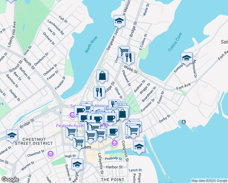 map of restaurants, bars, coffee shops, grocery stores, and more near 18 Williams Street in Salem