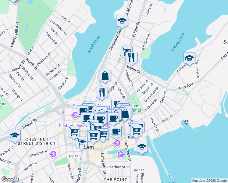 map of restaurants, bars, coffee shops, grocery stores, and more near 18 Williams Street in Salem