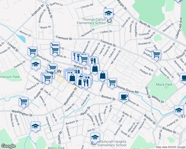 map of restaurants, bars, coffee shops, grocery stores, and more near 77 Walnut Street in Peabody