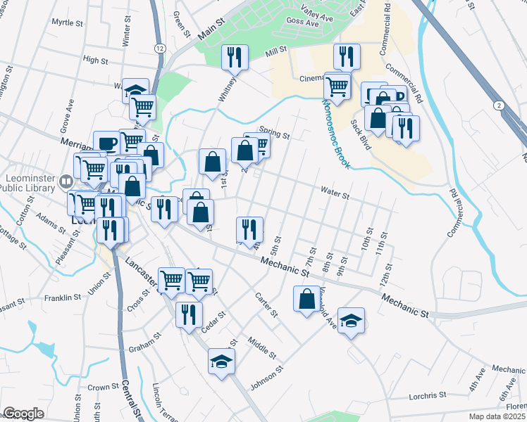 map of restaurants, bars, coffee shops, grocery stores, and more near 150 4th Street in Leominster