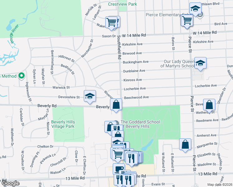 map of restaurants, bars, coffee shops, grocery stores, and more near 18110 Riverside Drive in Beverly Hills