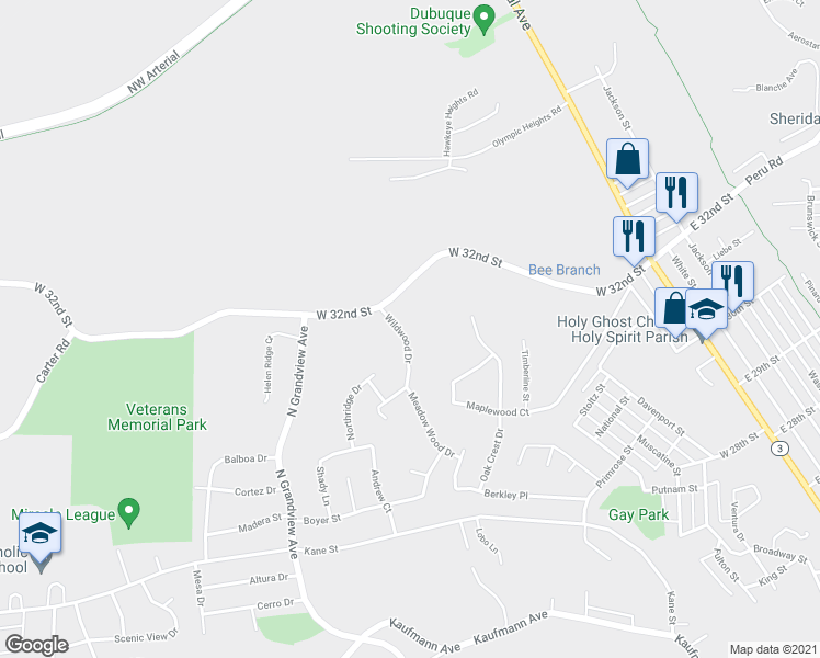 map of restaurants, bars, coffee shops, grocery stores, and more near 2955 Wildwood Drive in Dubuque