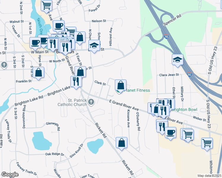 map of restaurants, bars, coffee shops, grocery stores, and more near 833 East Grand River Avenue in Brighton