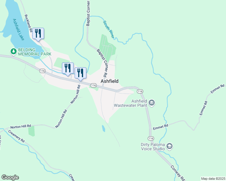 map of restaurants, bars, coffee shops, grocery stores, and more near 1078 Conway Road in Ashfield