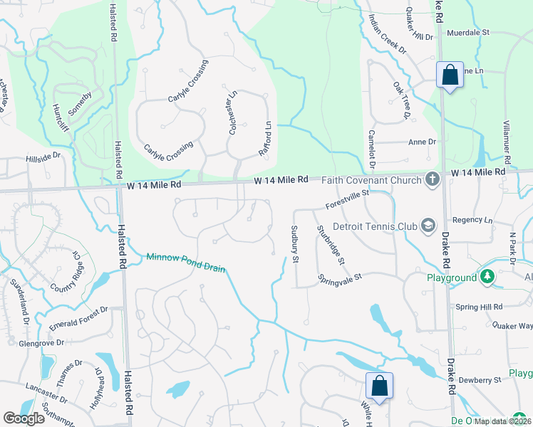 map of restaurants, bars, coffee shops, grocery stores, and more near 31235 Applewood Lane in Farmington Hills