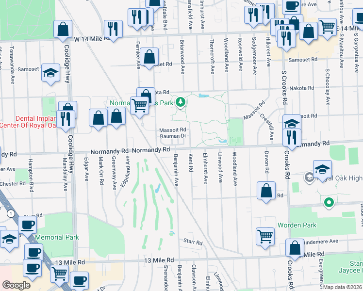 map of restaurants, bars, coffee shops, grocery stores, and more near 4118 Benjamin Avenue in Royal Oak