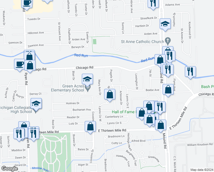 map of restaurants, bars, coffee shops, grocery stores, and more near 31523 Lyons Circle West in Warren