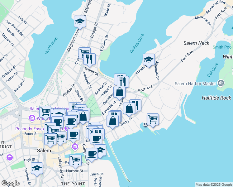 map of restaurants, bars, coffee shops, grocery stores, and more near 41 Forrester Street in Salem