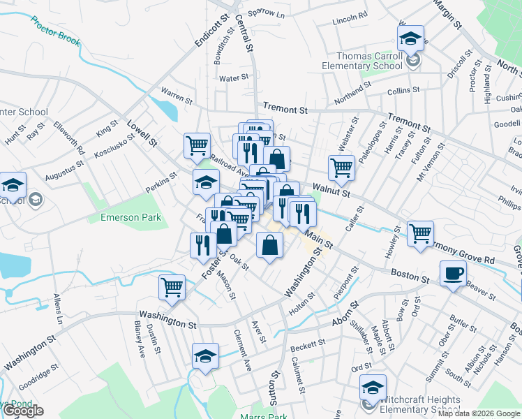 map of restaurants, bars, coffee shops, grocery stores, and more near 22 Foster Street in Peabody