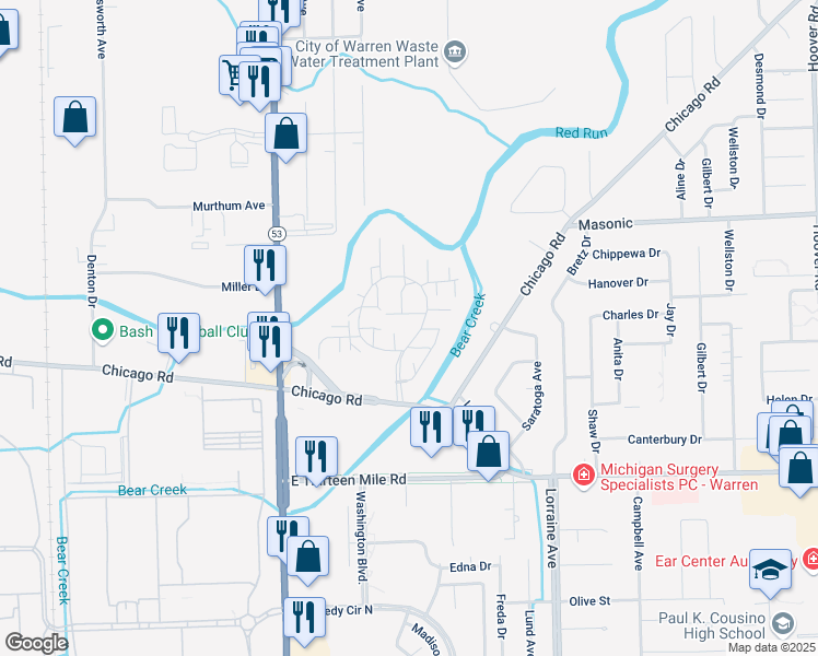 map of restaurants, bars, coffee shops, grocery stores, and more near 8660 Villa Lane in Warren