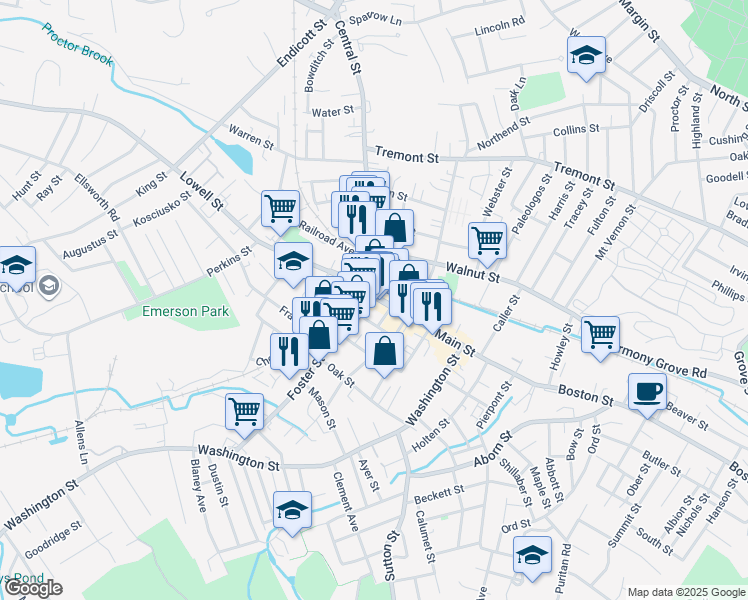 map of restaurants, bars, coffee shops, grocery stores, and more near 3 Main Street in Peabody