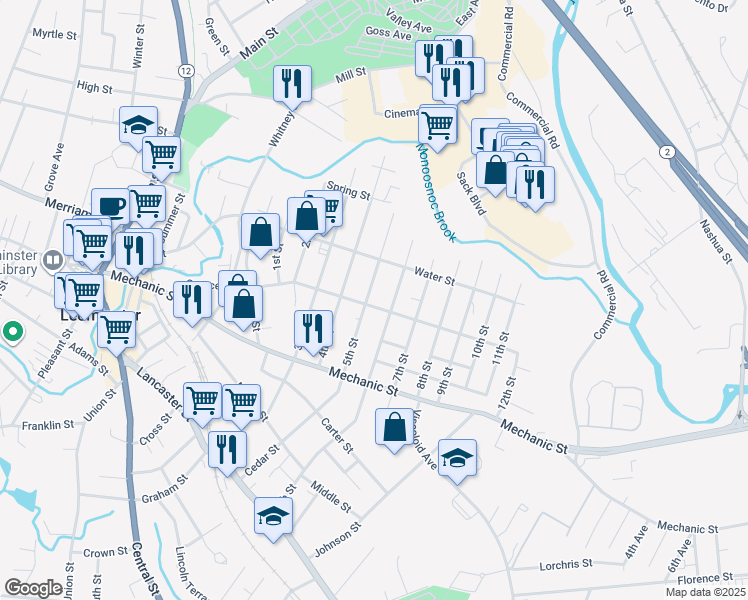 map of restaurants, bars, coffee shops, grocery stores, and more near 146 5th Street in Leominster