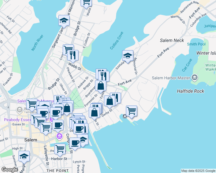 map of restaurants, bars, coffee shops, grocery stores, and more near 3 English Street in Salem