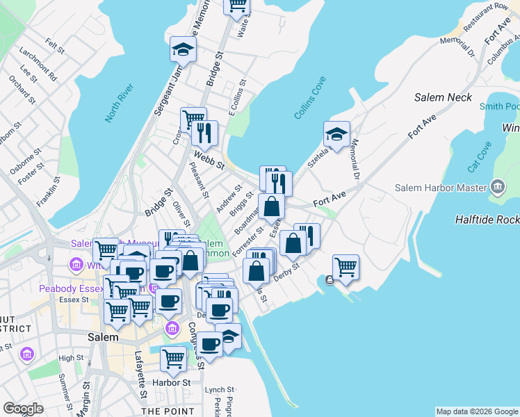 map of restaurants, bars, coffee shops, grocery stores, and more near 41 Forrester Street in Salem