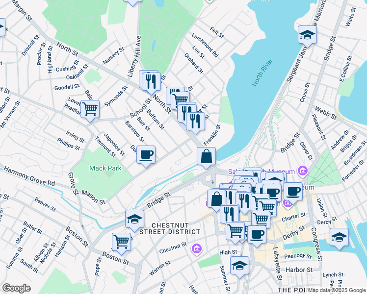 map of restaurants, bars, coffee shops, grocery stores, and more near 23 Mason Street in Salem