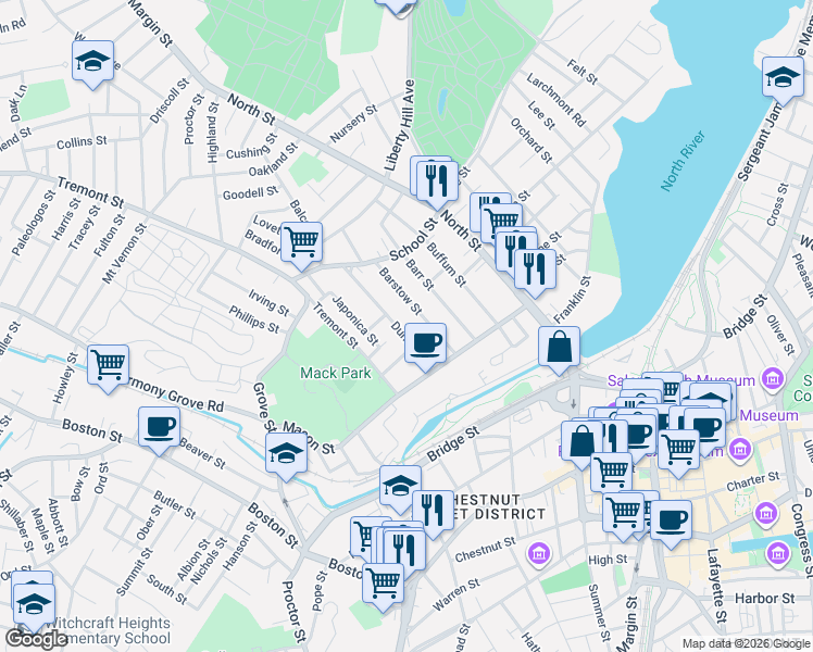 map of restaurants, bars, coffee shops, grocery stores, and more near 12 Dunlap Street in Salem