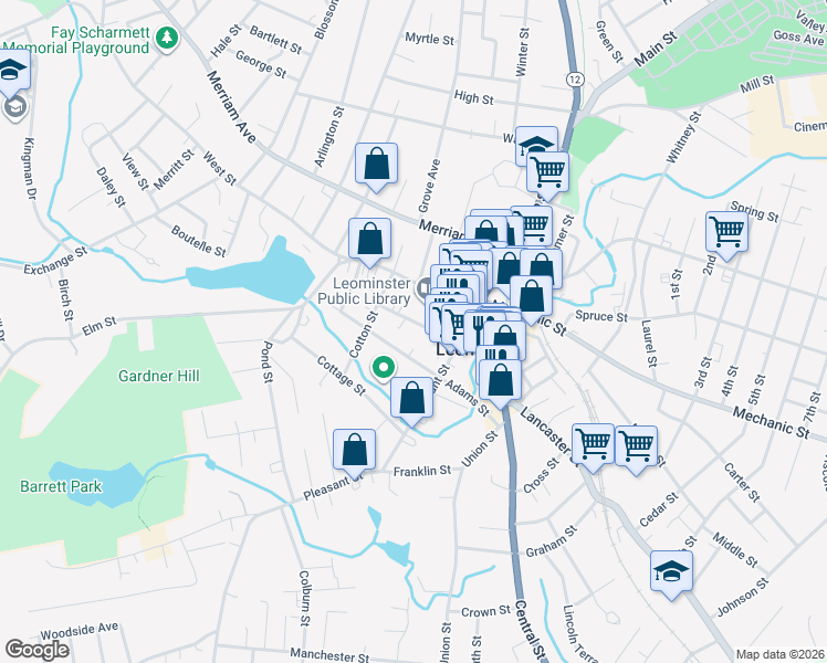 map of restaurants, bars, coffee shops, grocery stores, and more near 108 Adams Street in Leominster